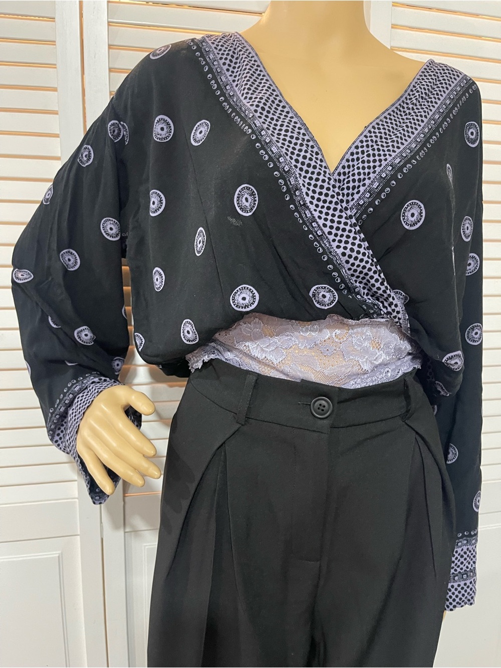 Black Patterned Wrap Camisole with Lace Trim